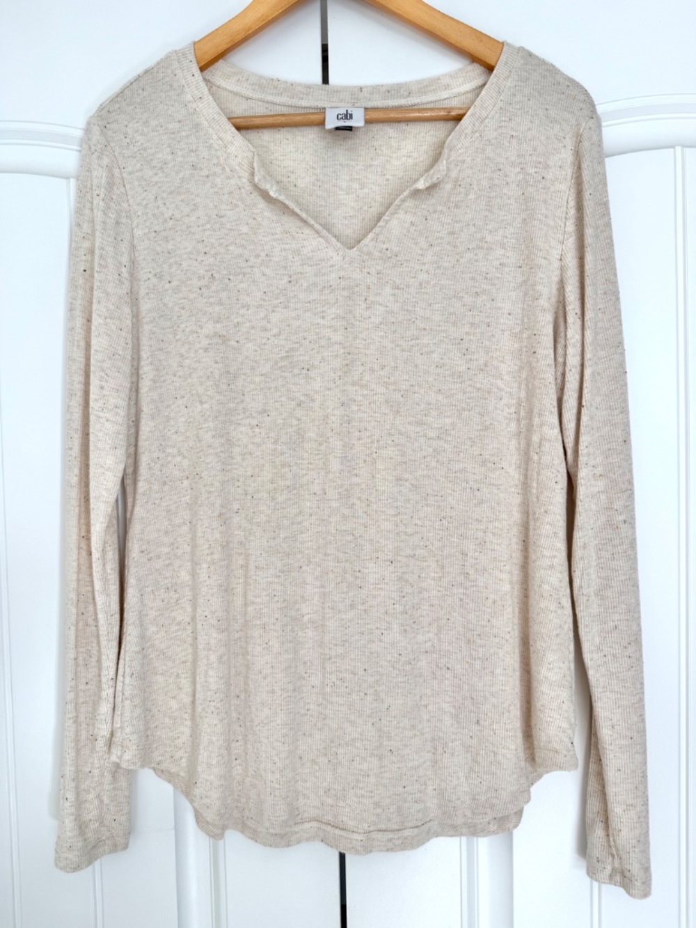 CAbi Simple Tee #4003 Oatmeal Speckled Ribbed Long Sleeve Top Size S